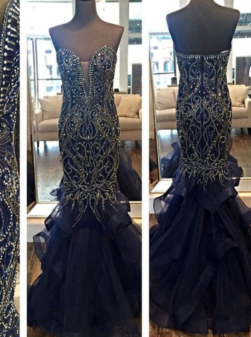 navy blue Prom Dress,Long Prom Dress,mermaid Prom Dress,beaded Prom Dress,gorgeous evening Dress, BD2990