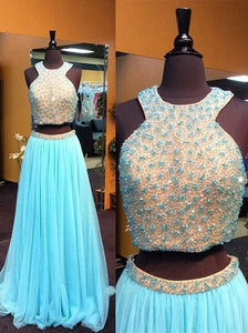 blue Prom Dress,long Prom Dress,two pieces Prom Dress,beaded Prom Dress,charming evening Dress, BD2992