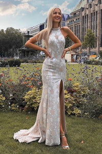 Sexy Backless Lace Sleeveless Slit Halter Prom Dress Online,BD93040
