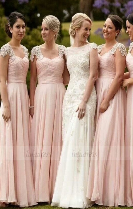 elegant Scoop Cap Sleeves wedding party dresses, Floor-Length Pink classic Bridesmaid Dress