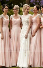 elegant Scoop Cap Sleeves wedding party dresses, Floor-Length Pink classic Bridesmaid Dress
