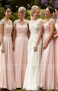 elegant Scoop Cap Sleeves wedding party dresses, Floor-Length Pink classic Bridesmaid Dress,BD98278