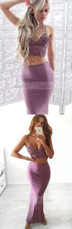 Two Piece Spaghetti Straps Floor-Length Lace Bodice Lilac Prom Dress