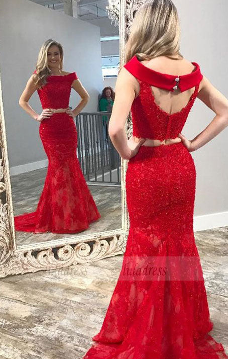 Two Piece Off-the-Shoulder Open Back Red Lace Prom Dress with Beading