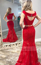 Two Piece Off-the-Shoulder Open Back Red Lace Prom Dress with Beading
