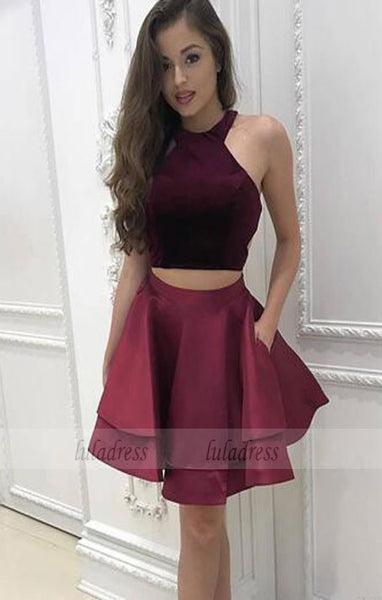 Short Homecoming Dresses Halter Neck Cap Sleeves Pleats A-line Satin Graduation Sexy Cocktail Party Gowns,