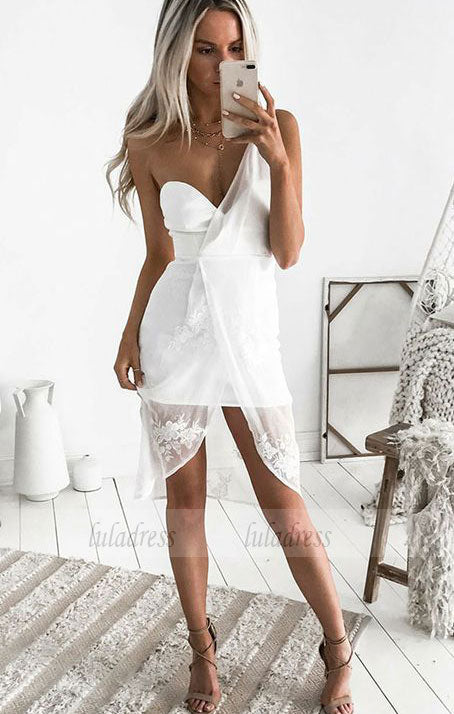 One-Shoulder High Low White Chiffon Homecoming Cocktail Dress,BD99492