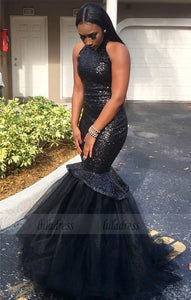 Black High-Neck Tulle Sexy Mermaid Sequins Gorgeous Sleeveless Prom Dress,BD99909