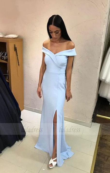 Light Blue Bridesmaid Dress,Mermaid Evening Gowns,Slit Prom Dress,Off Shoulder dress