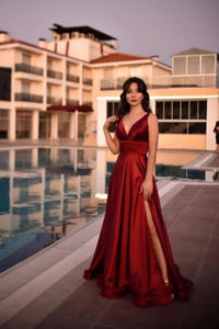 Sexy V-neck Burgundy Charmeuse Slit Backless Prom Dresses Online,PD21089