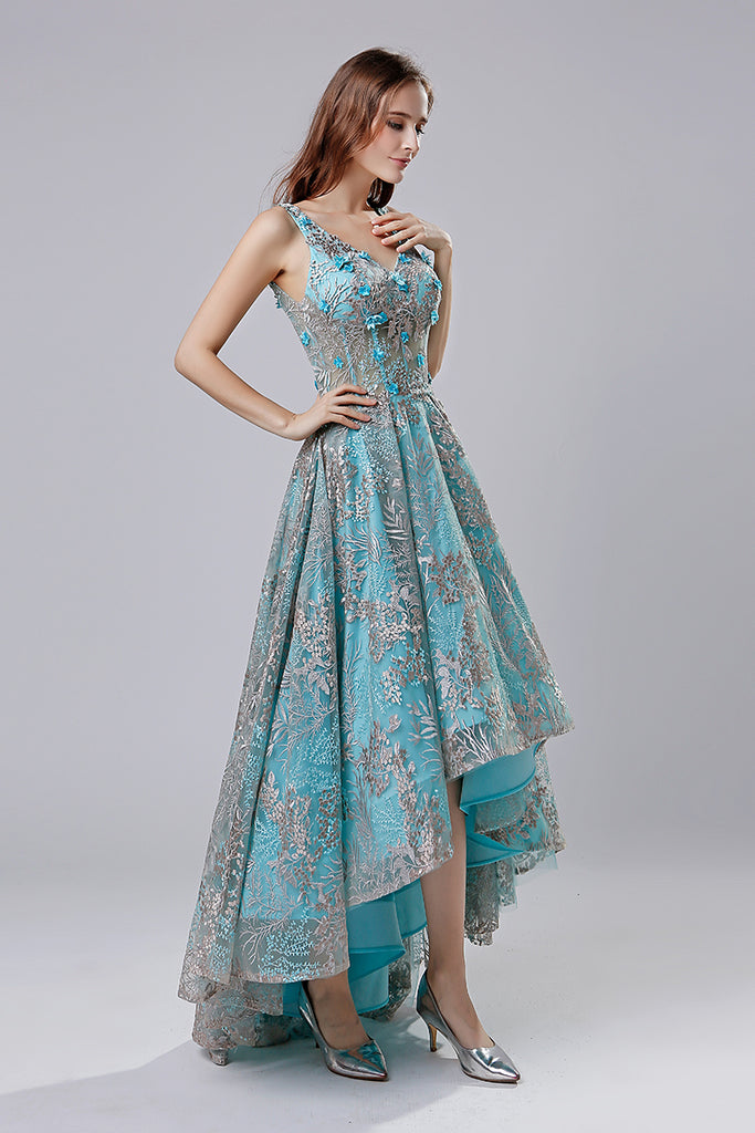High Low Blue Floral Prom Dress Charming Party Dress LX524