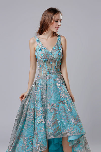 High Low Blue Floral Prom Dress Charming Party Dress, LX524