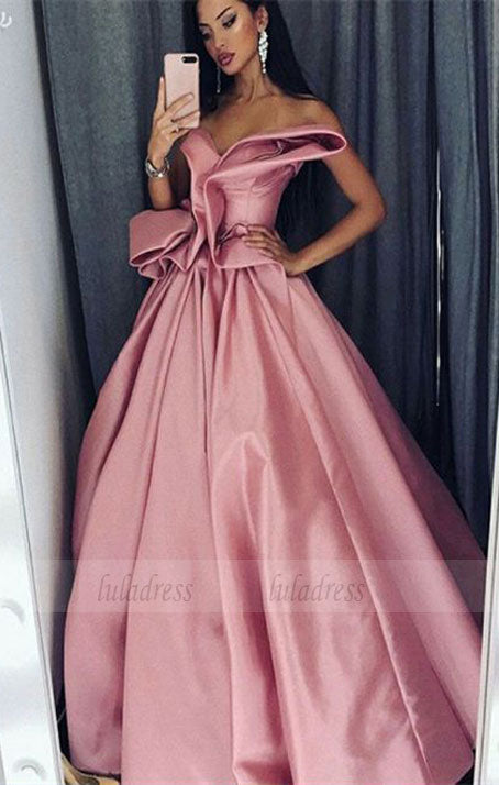 A-Line Sweetheart Floor-Length Pink Satin Prom Dress with Ruffles,BD98664