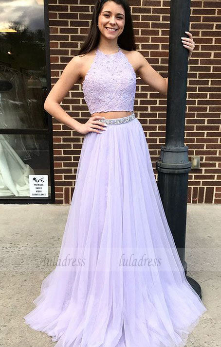 Two Piece Halter Backless Sweep Train Lavender Prom Dress with Lace Beading