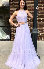 Two Piece Halter Backless Sweep Train Lavender Prom Dress with Lace Beading