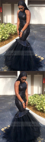 Black High-Neck Tulle Sexy Mermaid Sequins Gorgeous Sleeveless Prom Dress
