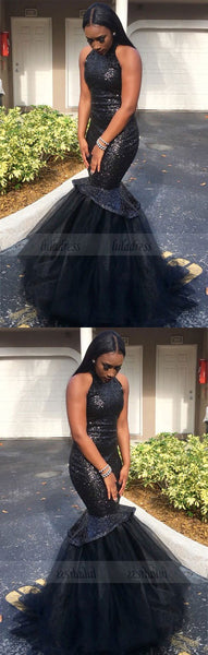 Black High-Neck Tulle Sexy Mermaid Sequins Gorgeous Sleeveless Prom Dress,BD99909