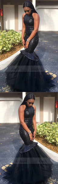 Black High-Neck Tulle Sexy Mermaid Sequins Gorgeous Sleeveless Prom Dress,BD99909