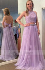 Two Piece Halter Backless Sweep Train Lavender Prom Dress with Lace Beading