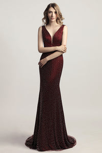Formal burgundy beaded v-neck long formal evening dress, LX473