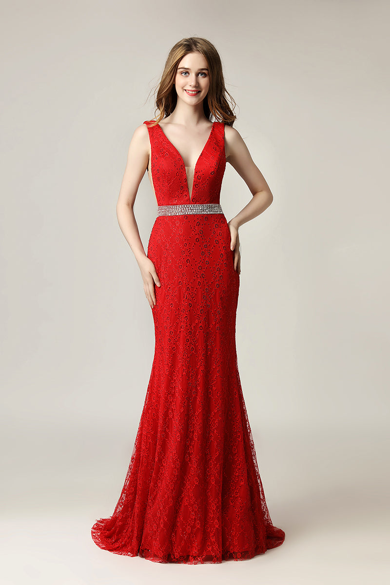 Red Lace Formal Mermaid Long Evening Dress, LX505