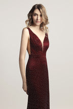 Formal burgundy beaded v-neck long formal evening dress