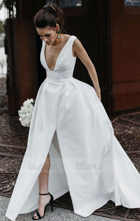 Sexy Leg Split Plunge V-neck Long Satin Wedding Dresses