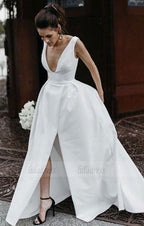 Sexy Leg Split Plunge V-neck Long Satin Wedding Dresses