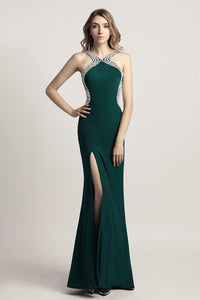Green & Black Sexy Backless Long Evening Dress With Side Slit, LX451
