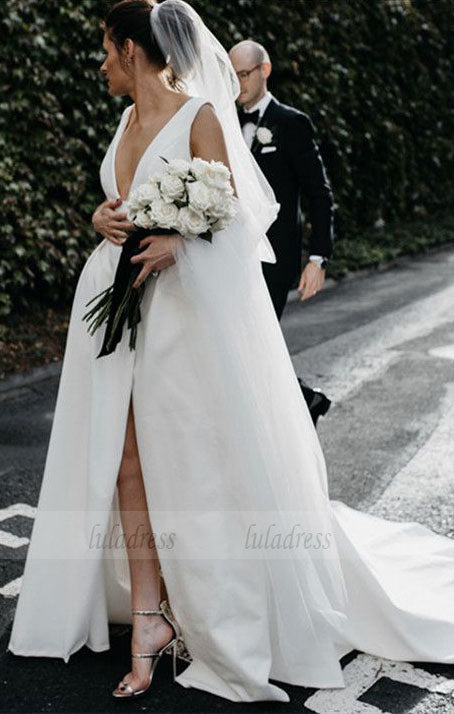 Sexy Leg Split Plunge V-neck Long Satin Wedding Dresses