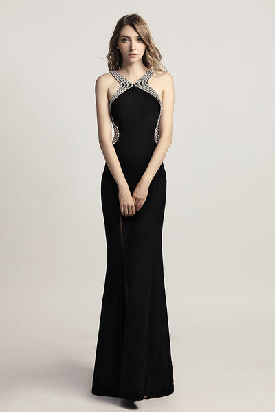 Green & Black Sexy Backless Long Evening Dress With Side Slit, LX451