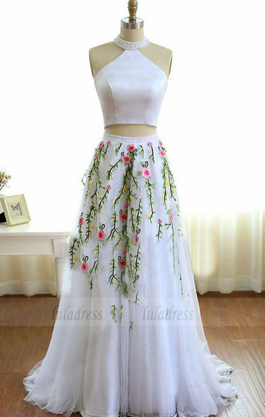 High Neck White Prom Dress with Beading Embroidery, Two Piece Formal Dress,BD98660