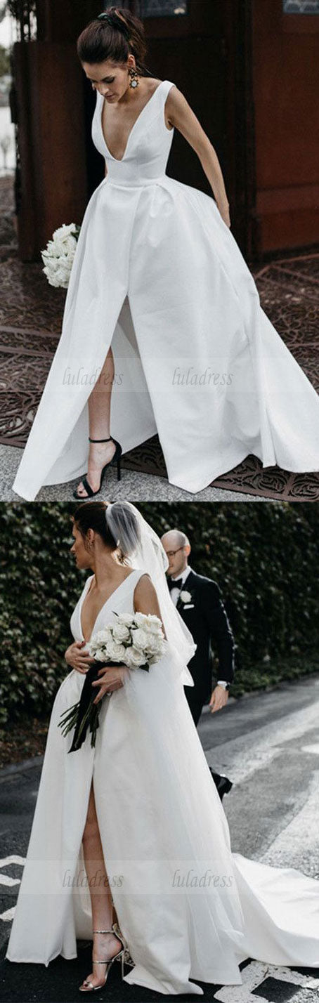 Sexy Leg Split Plunge V-neck Long Satin Wedding Dresses
