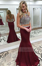 Two Piece Crew Backless Sweep Train Burgundy Prom Dress with Beading