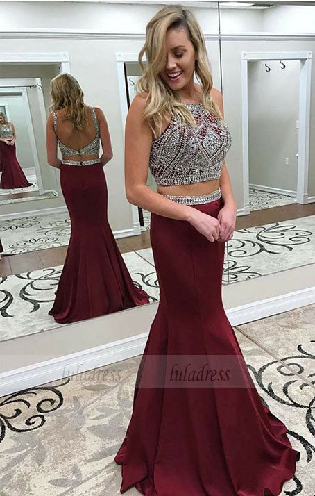 Two Piece Crew Backless Sweep Train Burgundy Prom Dress with Beading