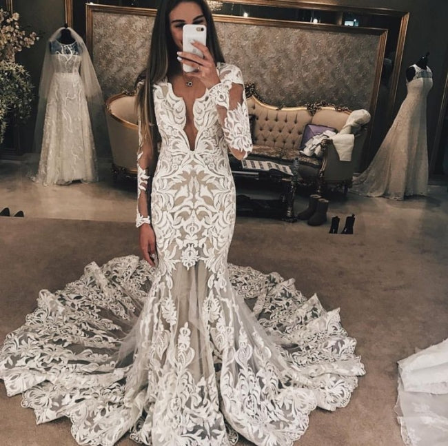 Long Sleeve Unique Lace Wedding Dresses | Mermaid Lace Long Train Brid luladress Long Sleeve Unique Lace Wedding Dresses | Mermaid Lace Long Train Brid luladress