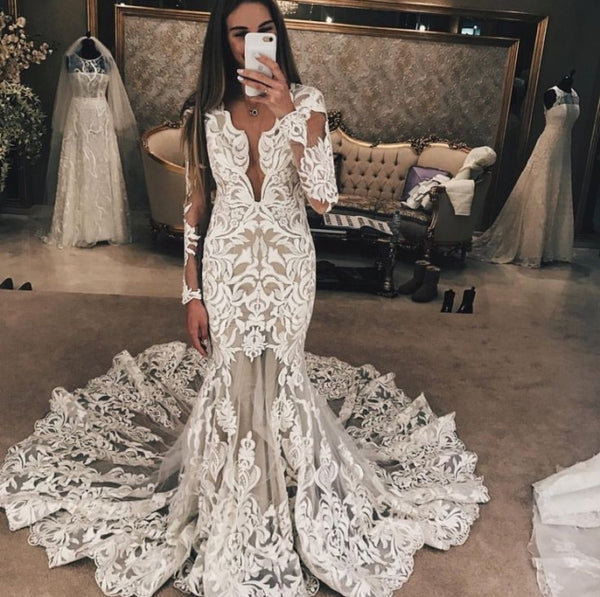 Long Sleeve Unique Lace Wedding Dresses | Mermaid Lace Long Train Bridal Gown,WD21007