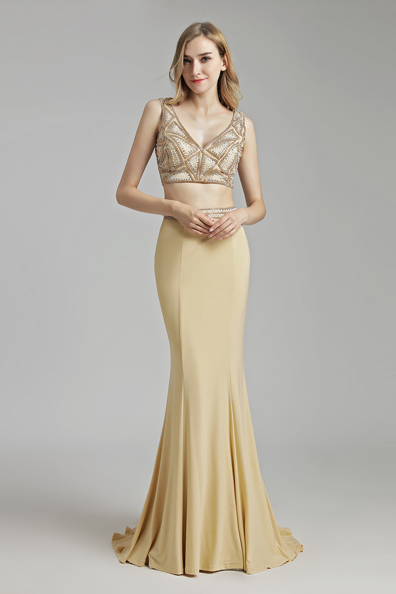Two Pieces V-neck Beaded Top Long Prom Dress, LX489