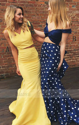 Two Piece V-Neck Sweep Train Yellow Satin Prom Dress with Ruffles,BD99557