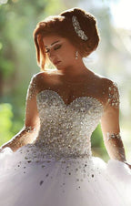 Luxurious Crystal Pearl Beaded Long Sleeves Ball Gowns Wedding Dresses For Bride