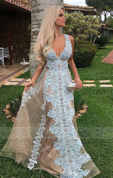 Tulle Floor-Length Long V-neck Amazing Lace Prom Dress,BD99910