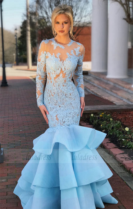 Elegant Lace Long Sleeves Open Back Mermaid Evening Dresses,BD98142