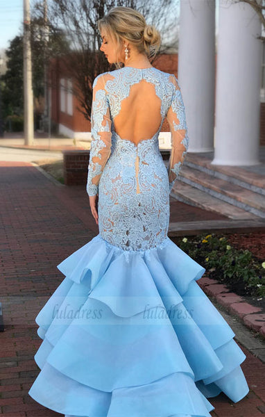 Elegant Lace Long Sleeves Open Back Mermaid Evening Dresses,BD98142