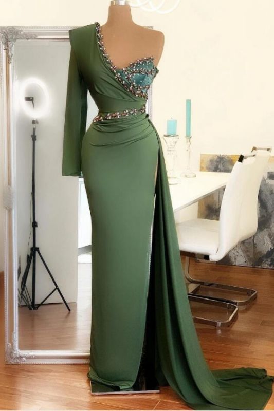 Affordable Green Satin Slit Long Prom Dress On Sale,PD21075