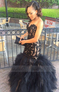 Sweetheart Lace Appliques Mermaid Black Sleeveless Tulle Ruffles Puffy Prom Dress,BD99911