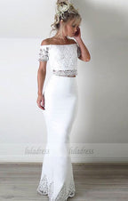 Two Piece Off-the-Shoulder Short Sleeves Floor-Length White Prom Dress with Lace