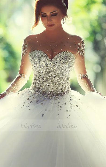 Luxurious Crystal Pearl Beaded Long Sleeves Ball Gowns Wedding Dresses For Bride