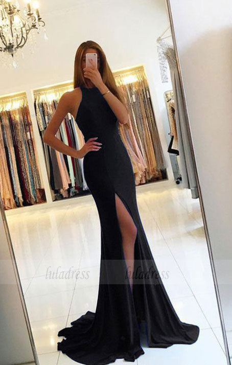 sexy split long jersey black mermaid evening dress backless prom gowns,BD98143