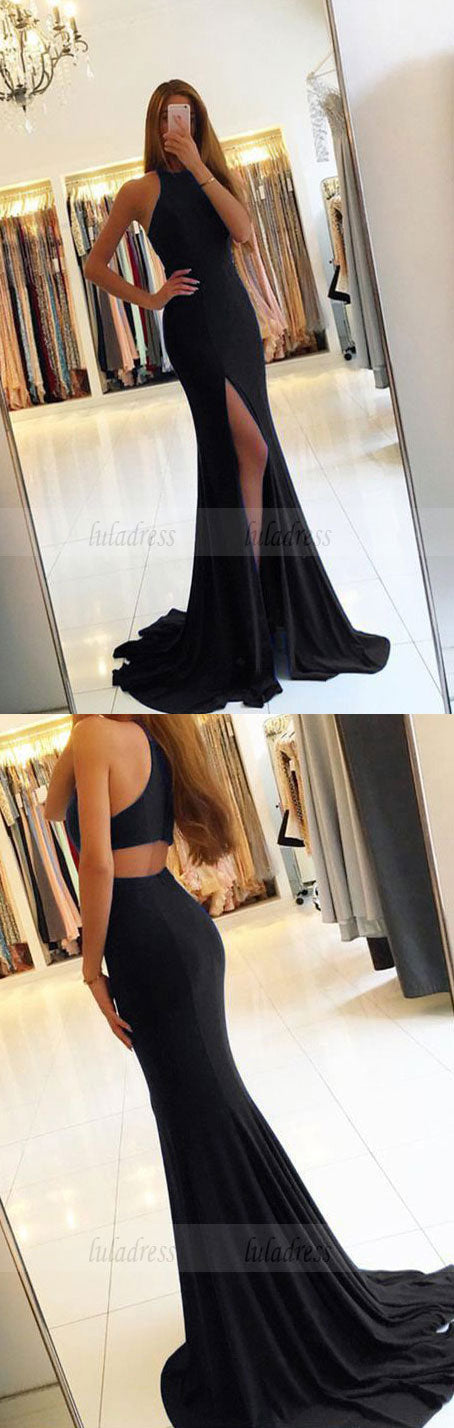 sexy split long jersey black mermaid evening dress backless prom gowns
