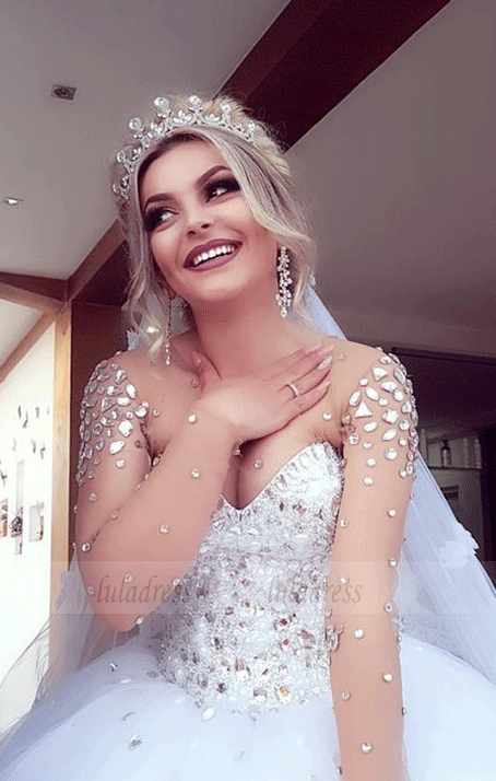 gorgeous crystal beaded wedding dress ball gowns with illusion long sleeves